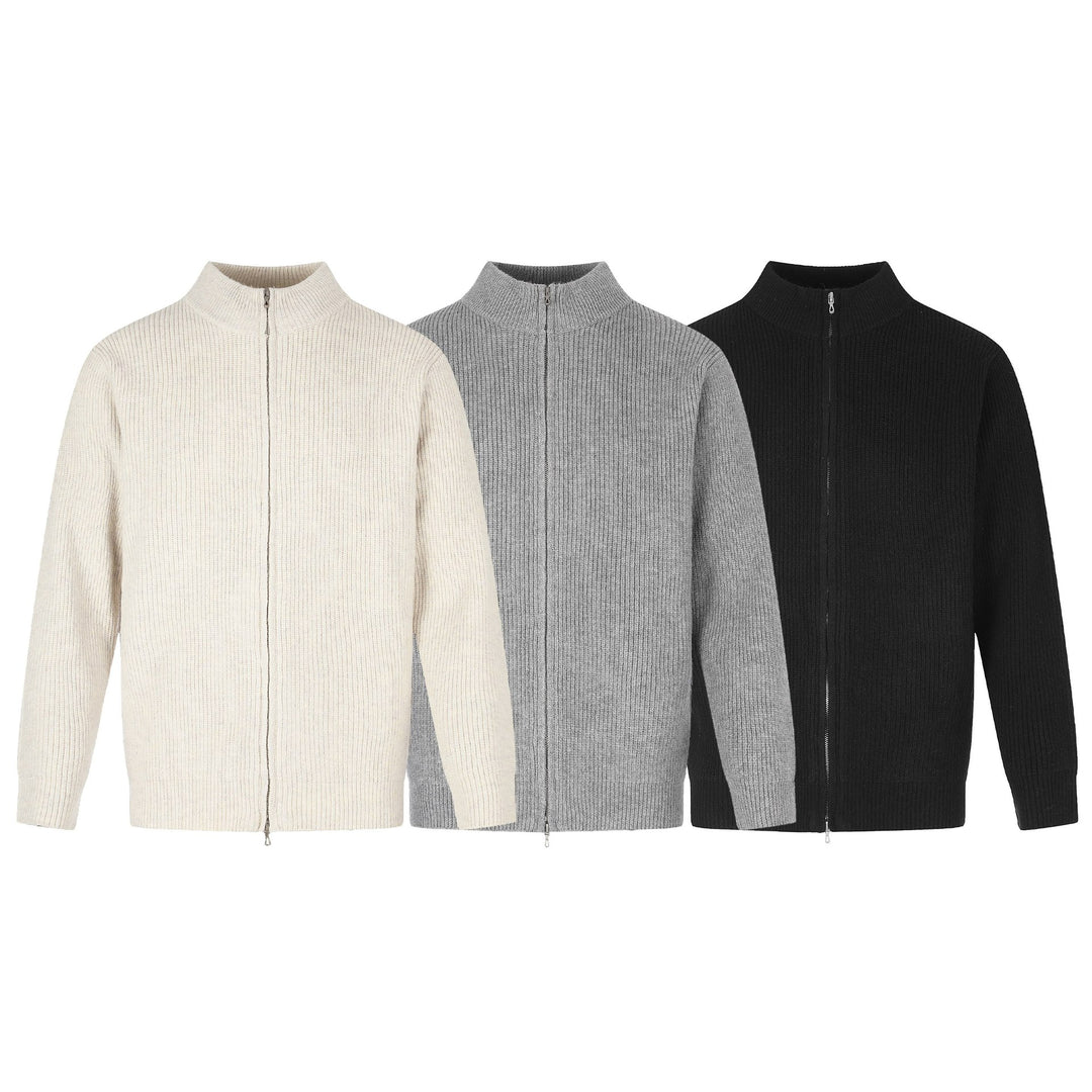 Unisex Gerippte Strick-Cardigan mit Stehkragen, Zweiwege-Reißverschluss und Rippstruktur Echoarchiv
