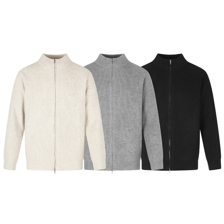 Unisex Gerippte Strick-Cardigan mit Stehkragen, Zweiwege-Reißverschluss und Rippstruktur Echoarchiv
