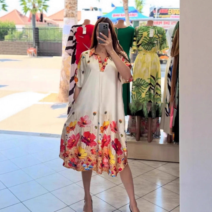 Damen nan leichtes Hemdblusenkleid mit floralem Bordürenprint, offenem V‑Ausschnitt und Einschubtaschen Echo Archiv