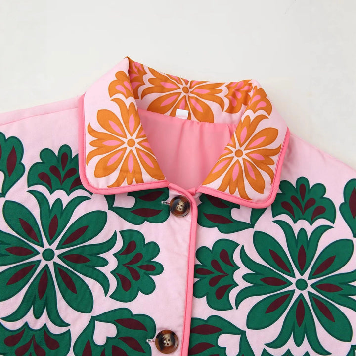 Damen nan gesteppte Blumen-Steppjacke mit kontrastärmeln, aufgesetzten Taschen und Stehkragen Echo Archiv