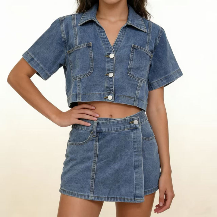Damen kurz geschnittene Denim-Bluse mit zwei aufgesetzten Taschen Echo Archiv
