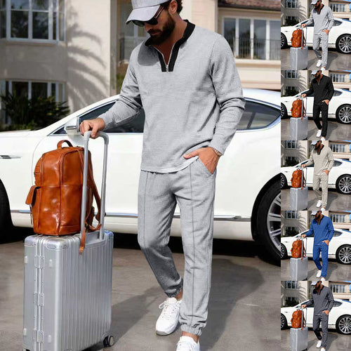 Herren Leichtes Henley-Loungewear-Set mit Kontrastkragen, Tunnelzug-Jogger und elastischen Bündchen – Marzano