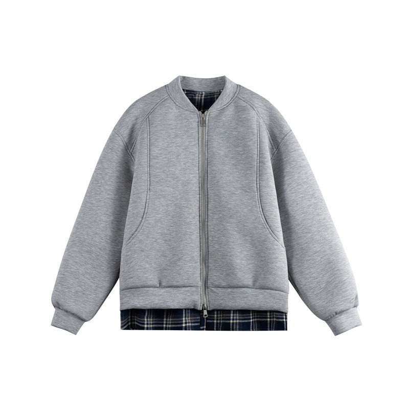 Damen Zwei‑in‑Eins Bomber‑Sweatjacke mit Karo‑Layer‑Einsatz und Stehkragen Echoarchiv