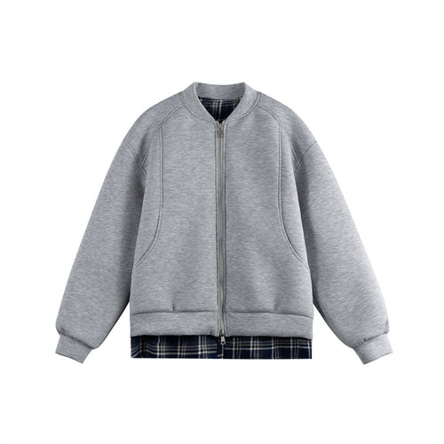 Damen Zwei‑in‑Eins Bomber‑Sweatjacke mit Karo‑Layer‑Einsatz und Stehkragen Echoarchiv