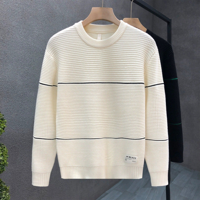 Unisex Strukturierter Waffelstrick-Pullover mit feinen Kontraststreifen Echoarchiv