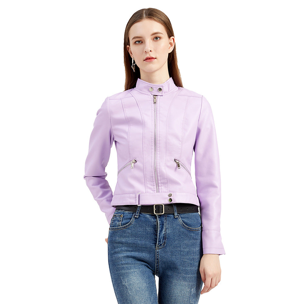 Damen nan kurze taillierte Kunstlederjacke im Racer-Stil mit Stehkragen und Reißverschlusstaschen Echo Archiv