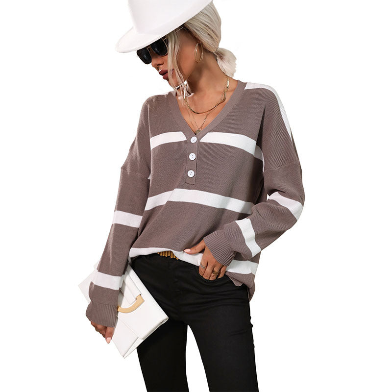 Damen Oversize V-Ausschnitt Strickpullover mit Knopfleiste und Blockstreifen Echoarchiv