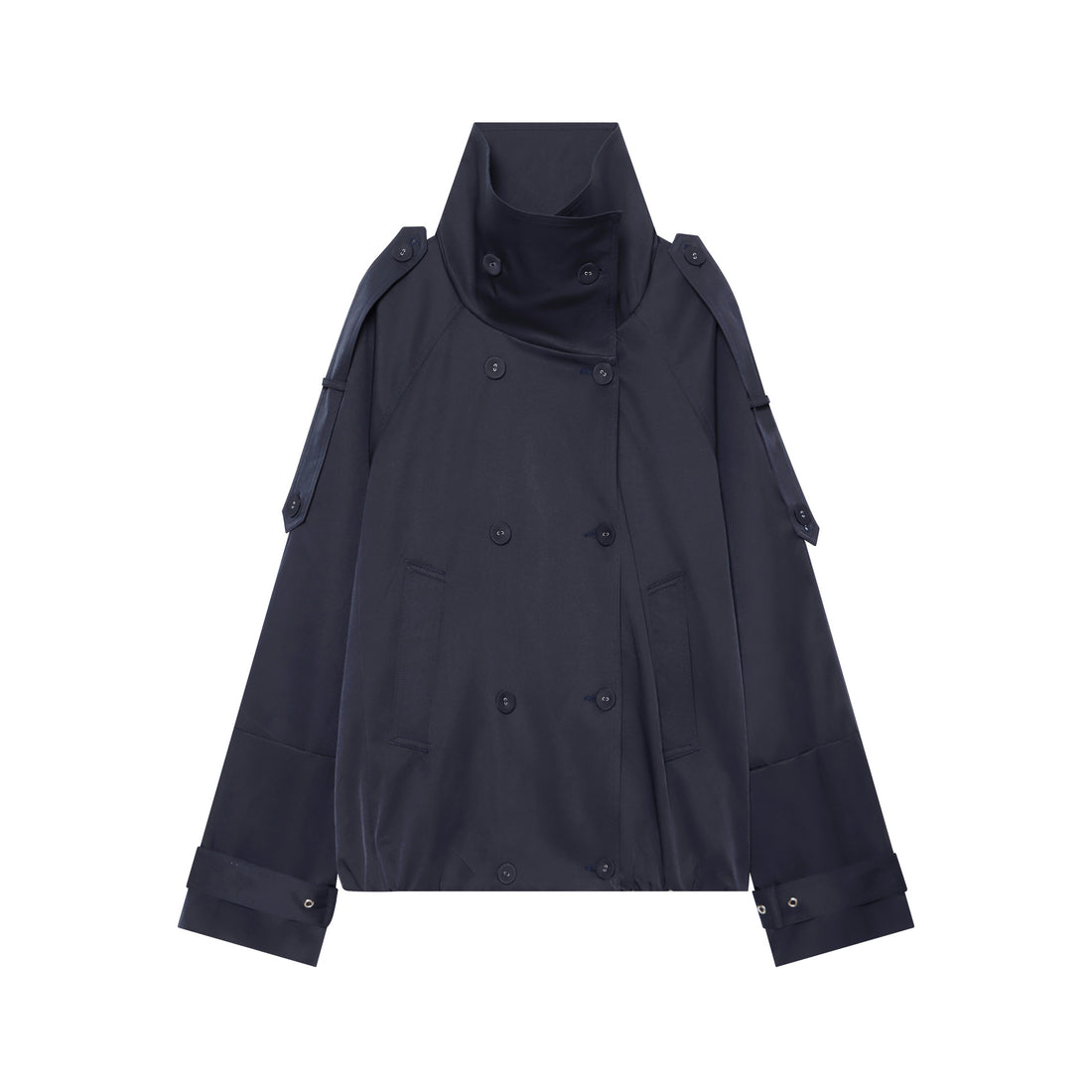 Damen doppeltreihiger Cape-Trench mit hohem Stehkragen und verstellbaren Ärmelriegeln – Célinea