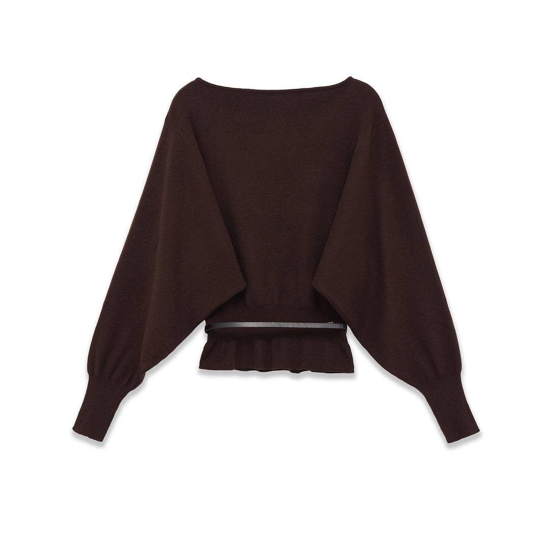 Damen Fledermaus-Pullover mit weitem Ärmel, gerafftem Taillenbund und schmalem Gürtel – Mavelle