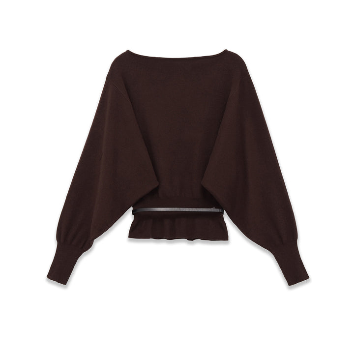 Damen Fledermaus-Pullover mit weitem Ärmel, gerafftem Taillenbund und schmalem Gürtel – Mavelle