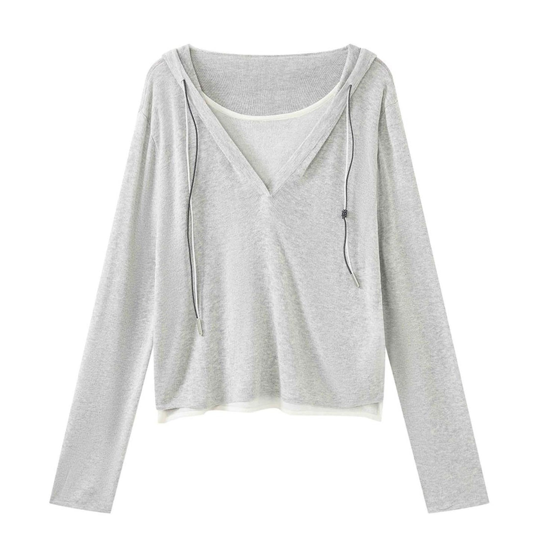 Damen Feinstrick-Sweatshirt mit tiefem V-Ausschnitt und Kapuzenzug Echoarchiv
