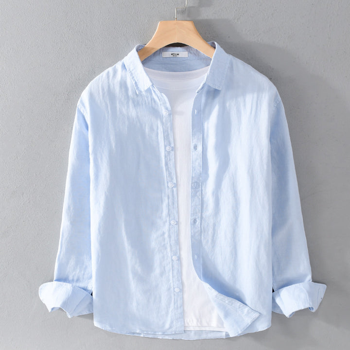 Herren Leinenmix-Layering-Overshirt mit Kentkragen, gerundetem Saum und Soft‑Touch Echoarchiv