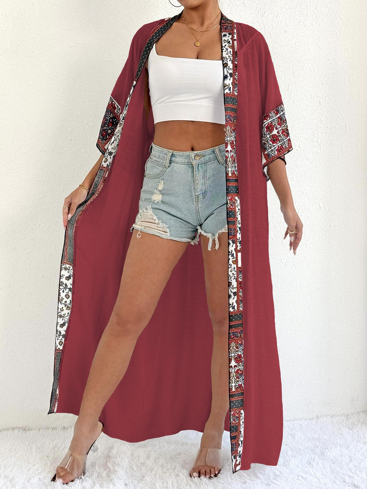 Damen eleganter, leichter Kaftan mit buntem Häkelbesatz Echo Archiv