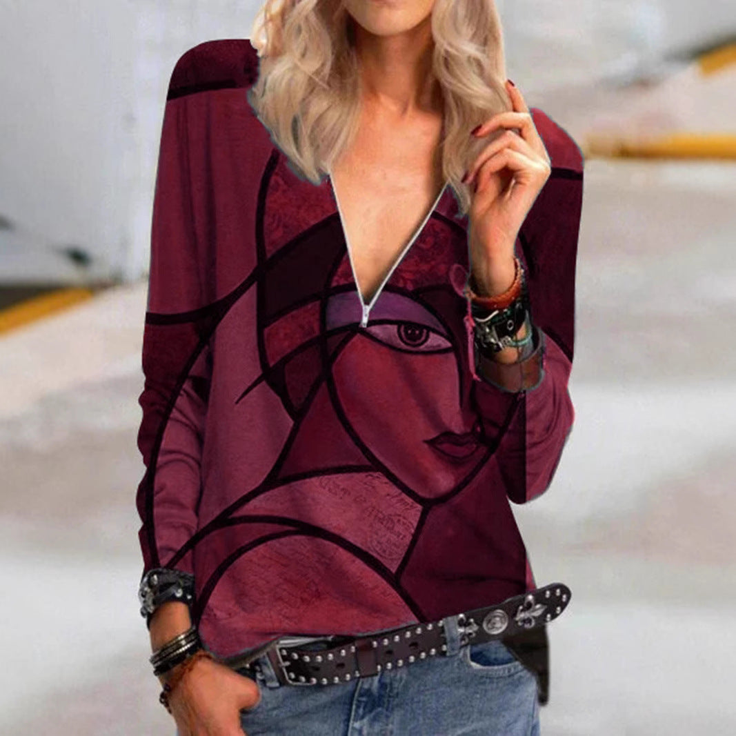 Damen V-Ausschnitt Langarmshirt mit abstraktem kubistischen Druck und Reißverschluss – Avérine