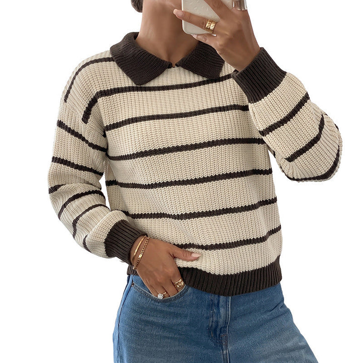 Damen Gestreifter Strick‑Polo‑Pullover mit Kontrastkragen und lockerer Oversize‑Passform Echoarchiv