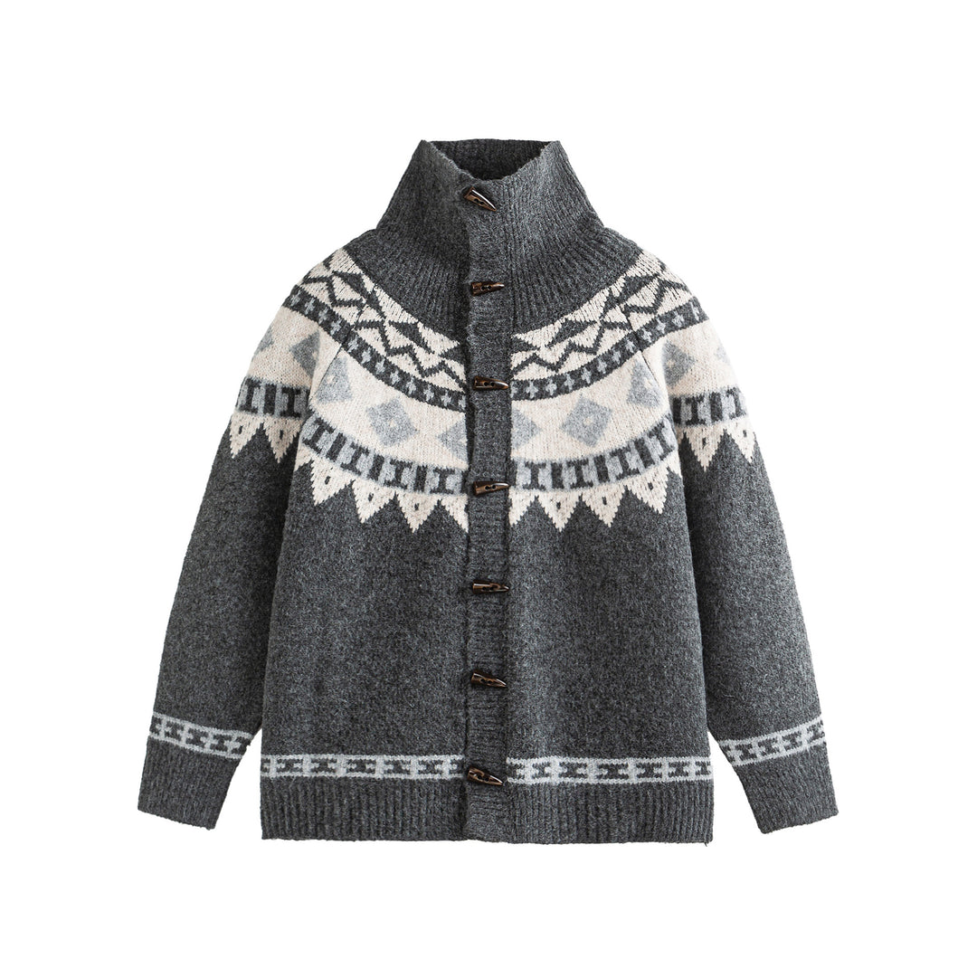 Damen Norwegermuster Strickcardigan mit hohem Stehkragen und Knebelverschlüssen Echoarchiv