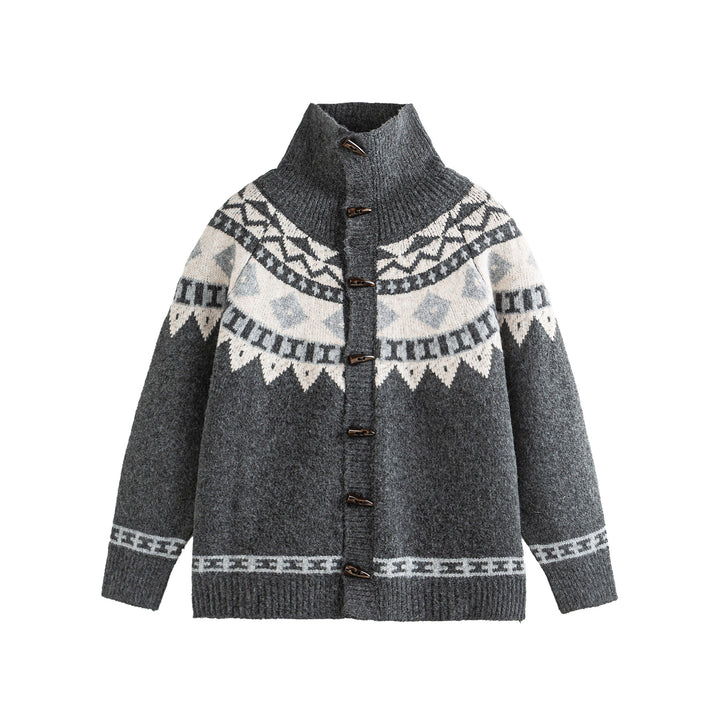 Damen Norwegermuster Strickcardigan mit hohem Stehkragen und Knebelverschlüssen Echoarchiv