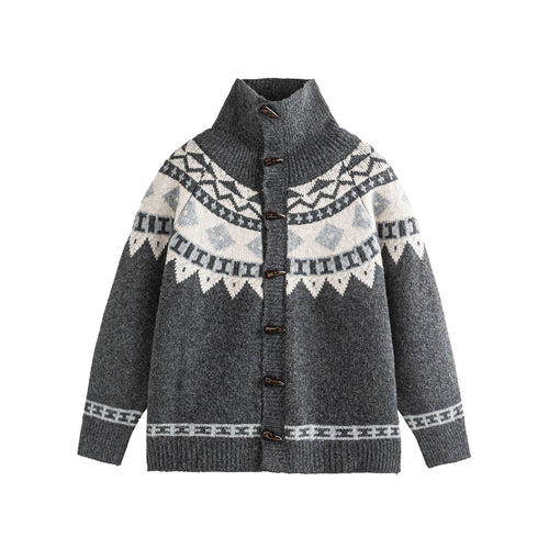 Damen Norwegermuster Strickcardigan mit hohem Stehkragen und Knebelverschlüssen Echoarchiv