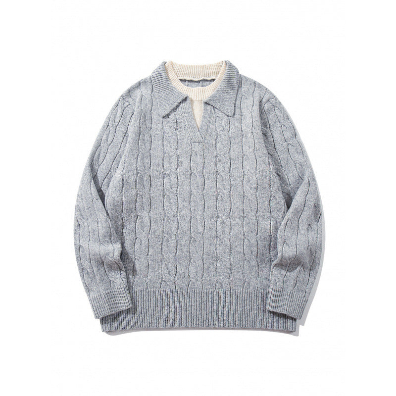 Herren Grobgestrickter Zopfmuster-Pullover mit Polokragen und V‑Ausschnitt Echo Archiv