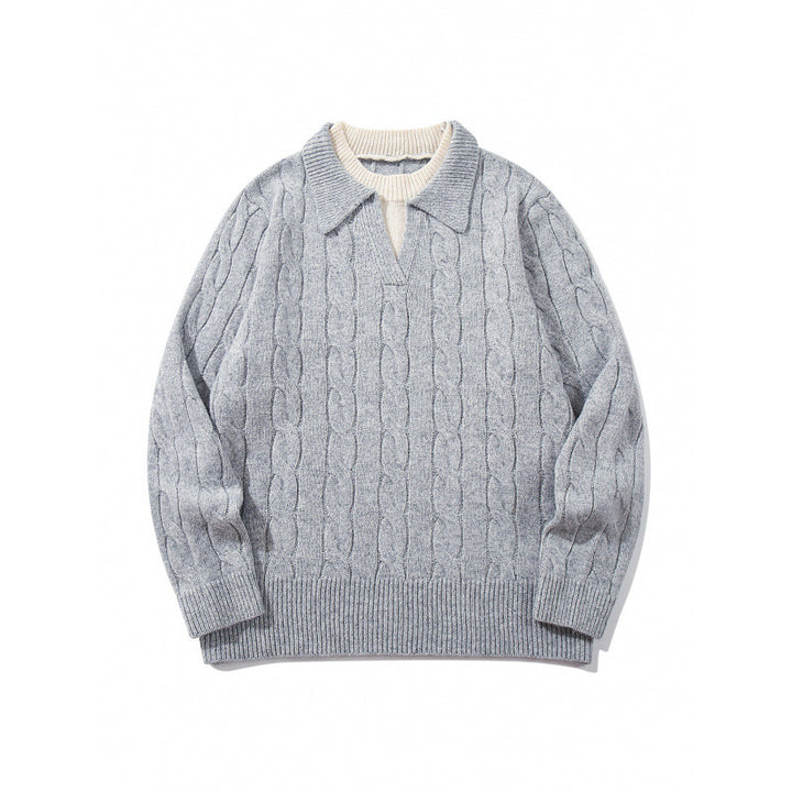 Herren Grobgestrickter Zopfmuster-Pullover mit Polokragen und V‑Ausschnitt Echo Archiv