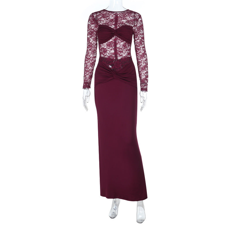 Damen elegantes Langarmkleid mit Spitzenoberteil und figurbetontem Schnitt Echo Archiv