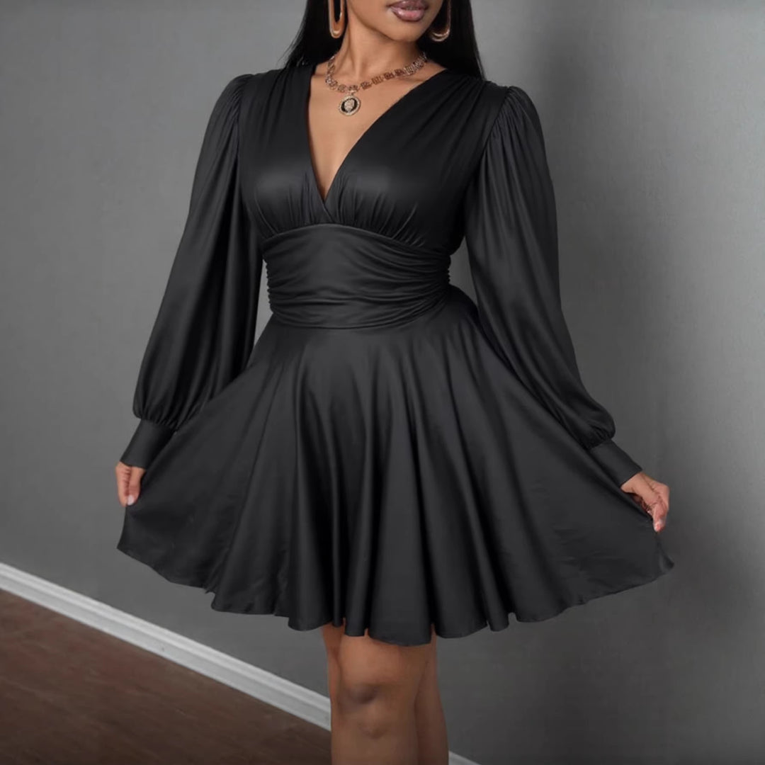 Damen elegantes Minikleid mit tiefem V-Ausschnitt und voluminösen Puffärmeln Echo Archiv