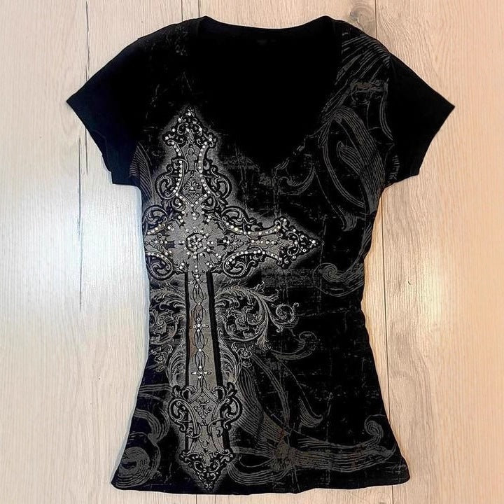Damen T-Shirt mit aufwendigem Kreuz-Design und Strass-Akzenten Echo Archiv