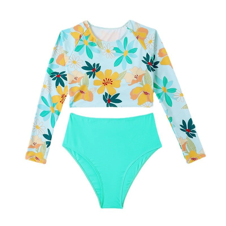 Damen Sportlicher Langarm-Bikini Oberteil mit floralem Muster Echo Archiv