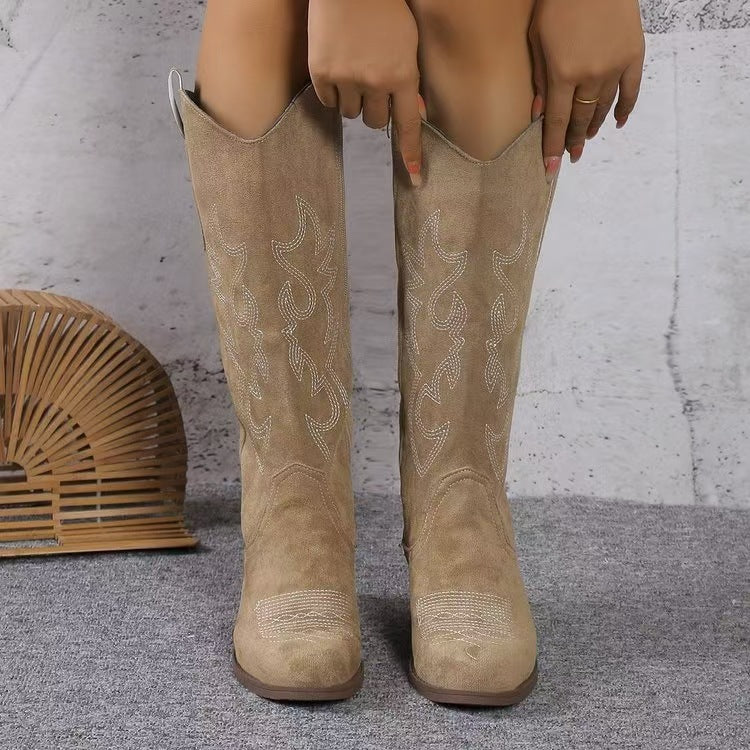 Damen nan Kniestiefel im Westernstil mit mittelhohem Blockabsatz seitlichem Reißverschluss und gesticktem Wildlederfinish Echo Archiv