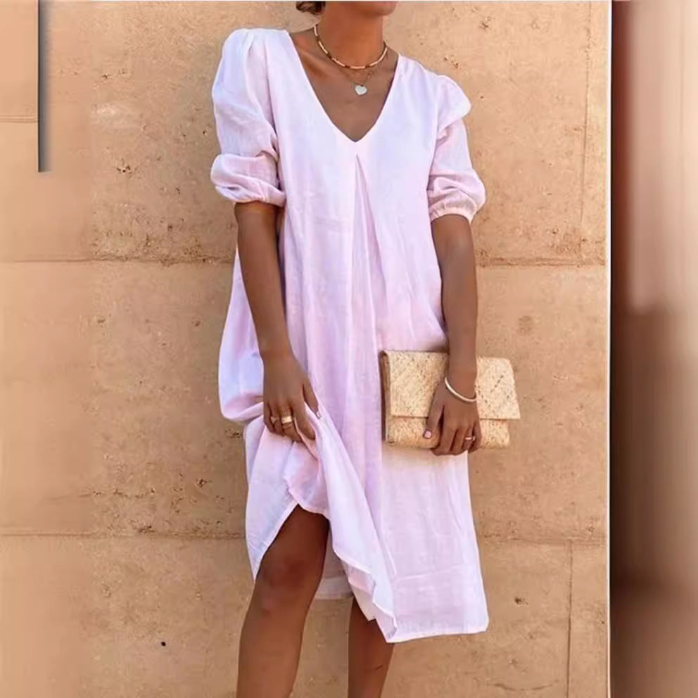 Damen lässiges Leinenkleid mit V-Ausschnitt und Puffärmeln – Lunéa