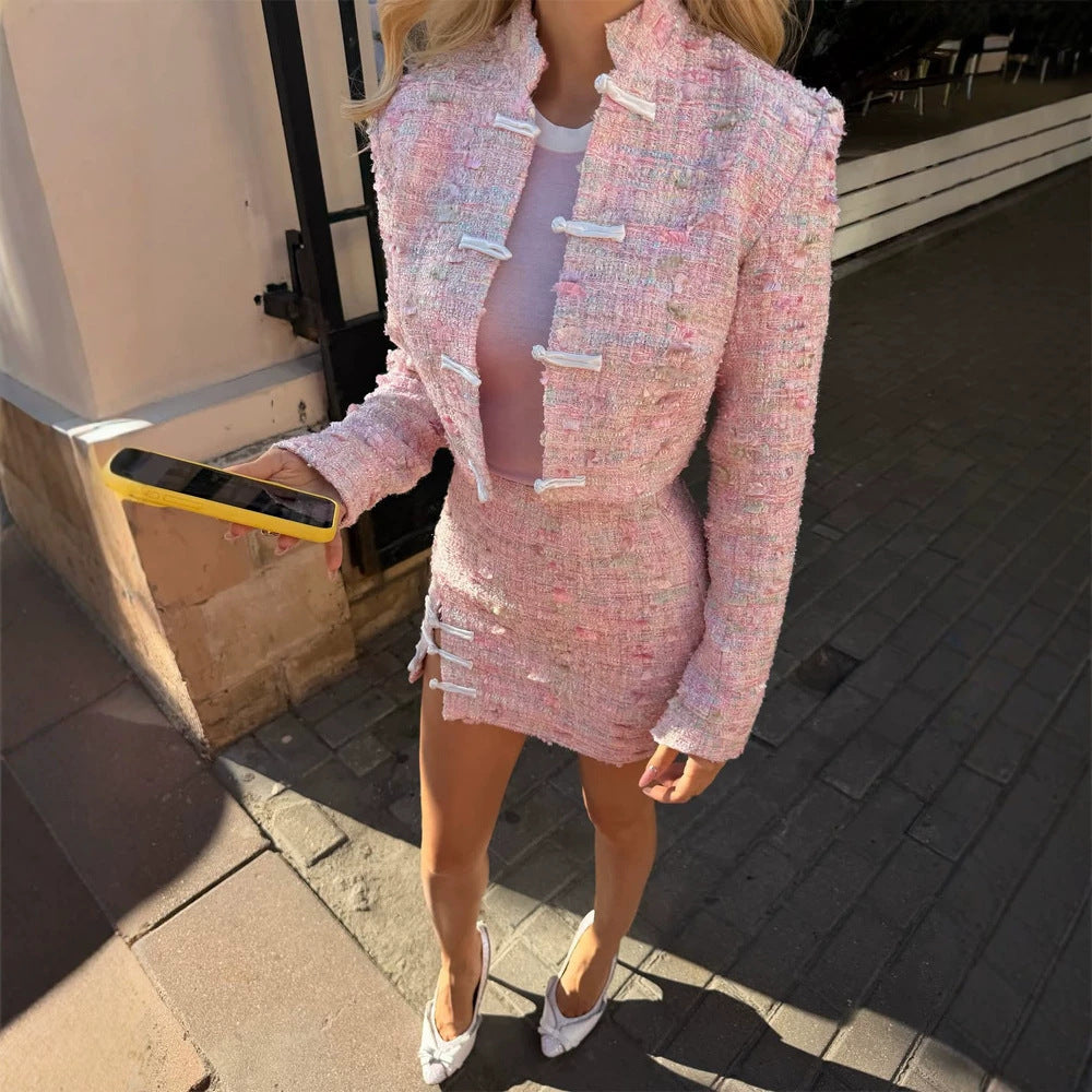 Damen Tweed-Zweiteiler Kurzjacke und Minirock im Bouclé-Stil Echoarchiv