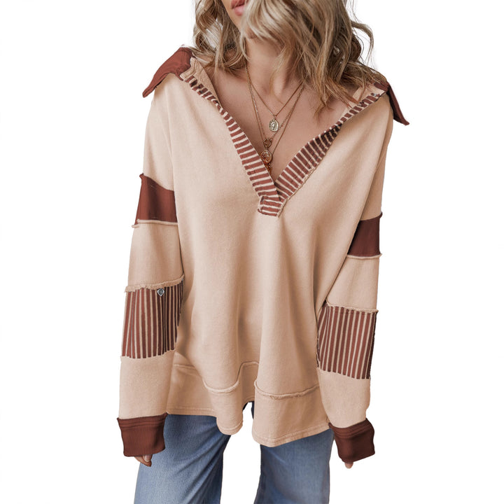 Damen Oversize Sweatshirt mit V-Ausschnitt, gestreiften Ärmelaufsätzen und Kontrastdetails – Mavelle