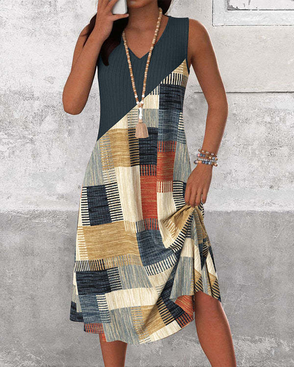 Damen nan ärmelloses V-Ausschnitt Midikleid mit diagonalem Patchworkmuster und geripptem Oberteil Echo Archiv