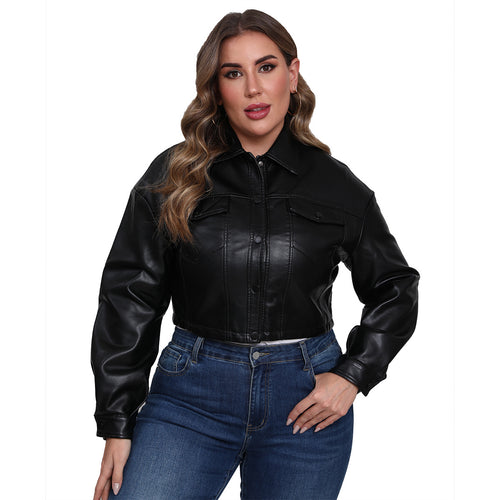 Damen nan kurze Oversized-Kunstlederjacke im Trucker-Stil mit Pattentaschen und verdeckter Druckknopfleiste Echo Archiv