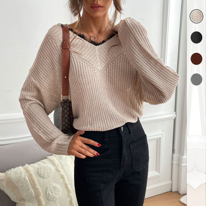 Damen Oversize V-Ausschnitt Strukturstrick-Pullover mit überschnittener Schulter und lockerer Silhouette Echoarchiv