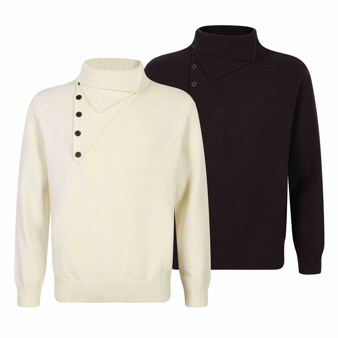 Herren Strickpullover mit asymmetrischer Knopfleiste und hohem Stehkragen Echoarchiv