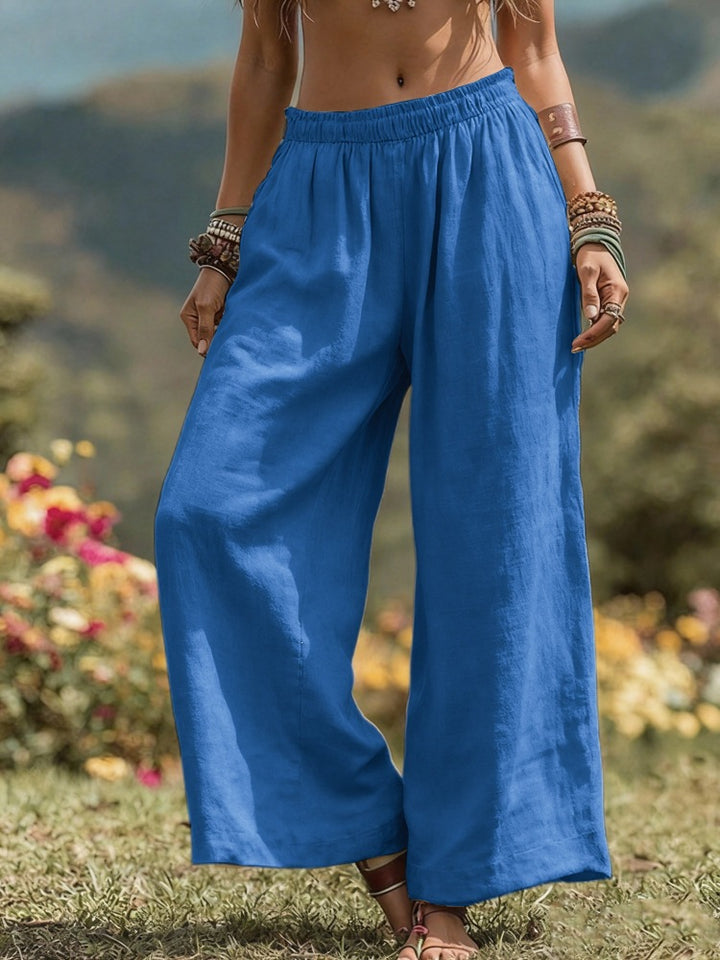 Damen Weite Leinenoptik Palazzo‑Hose mit elastischem Bund und Taschen Echoarchiv