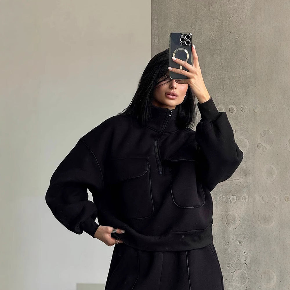 Damen nan Oversize Halbzip-Sweatshirt mit aufgesetzten Klappentaschen und Kontrastpaspeln Echo Archiv