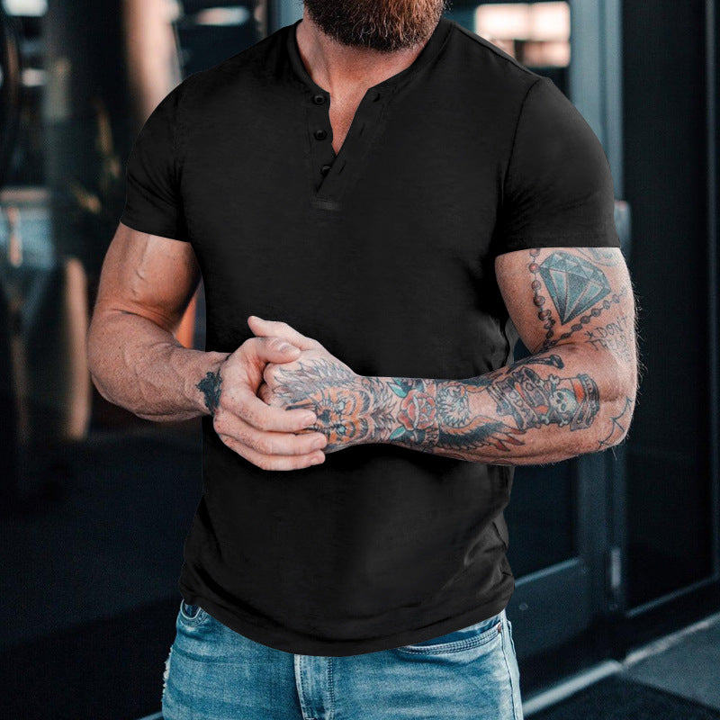 Herren Kurzarm-Henley-T-Shirt mit modischem Kragen und praktischem Knopfdesign Echoarchiv