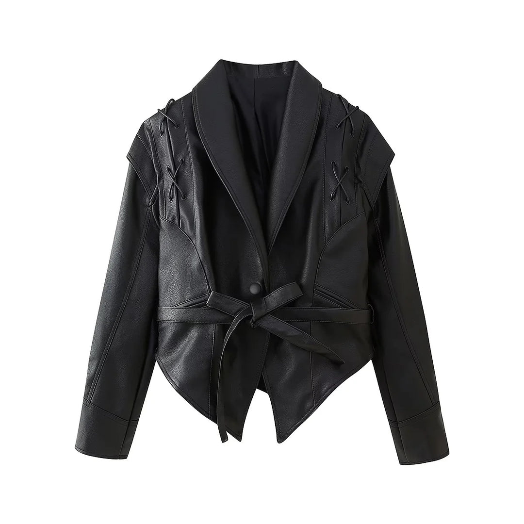 Damen taillierte Bindegürtel-Kunstlederjacke mit Schalkragen und Schnürdetails – Célinea