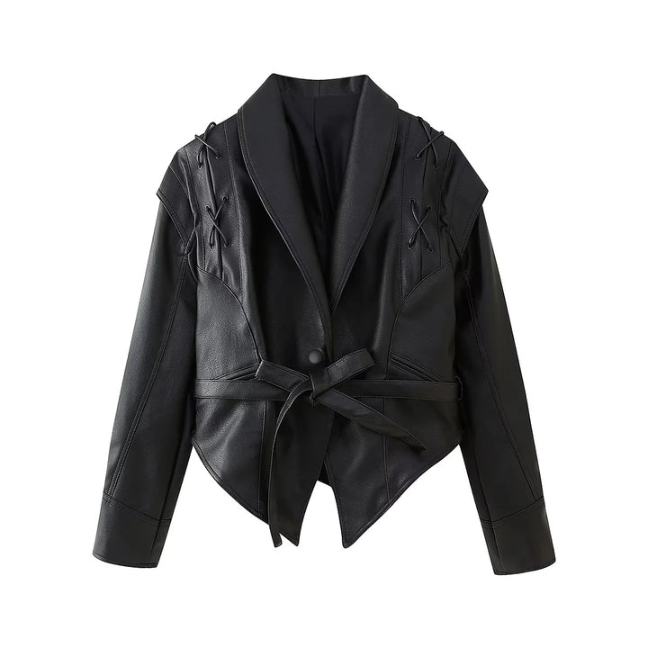 Damen taillierte Bindegürtel-Kunstlederjacke mit Schalkragen und Schnürdetails – Célinea
