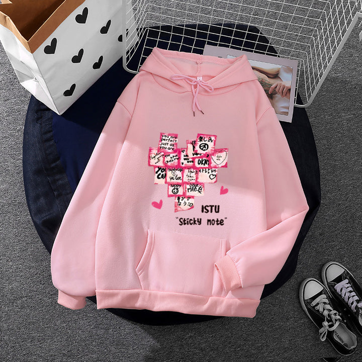 Damen Kapuzenpullover mit Sticky-Note Grafik, Kängurutasche und weichem Fleecefutter – Auréline
