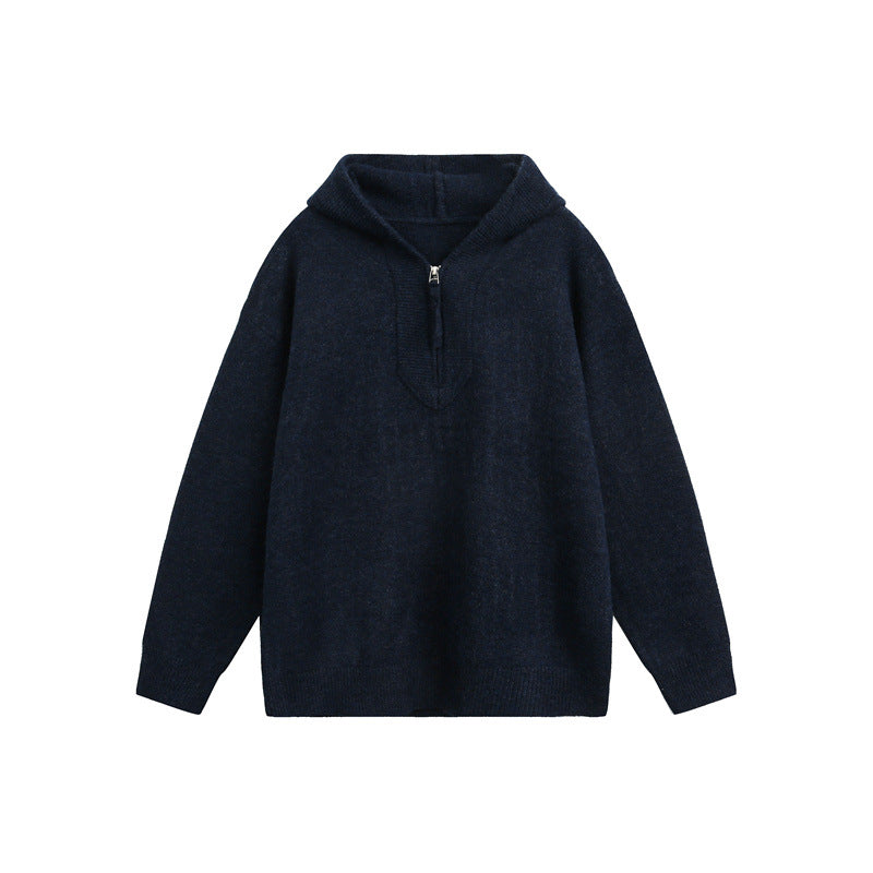 Unisex Grobgestrickter Kapuzenpullover mit halbem Reißverschluss und Boxy‑Schnitt Echoarchiv