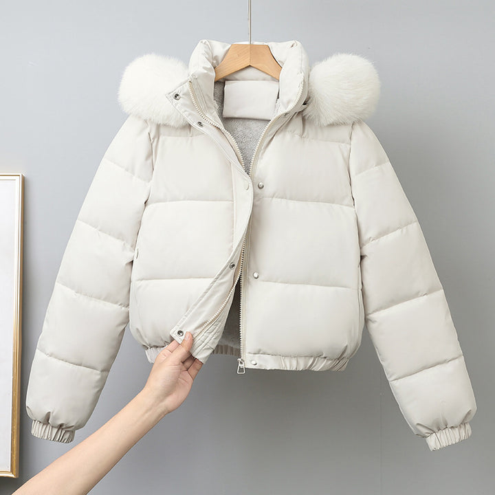 Damen kurz geschnittener Thermo-Blouson mit voluminöser Kapuzenblende und elastischem Saum – Célinea