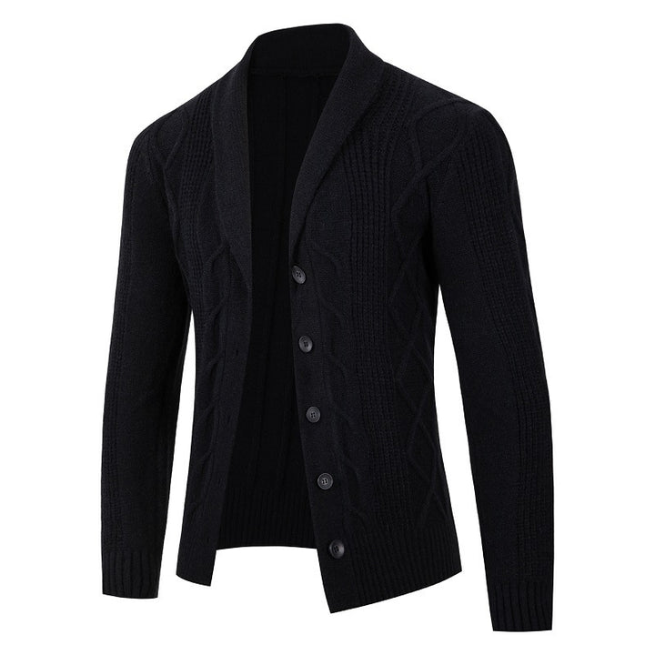 Herren modische Strickjacke mit hohem Kragen und dekorativem Zopfdesign Echoarchiv