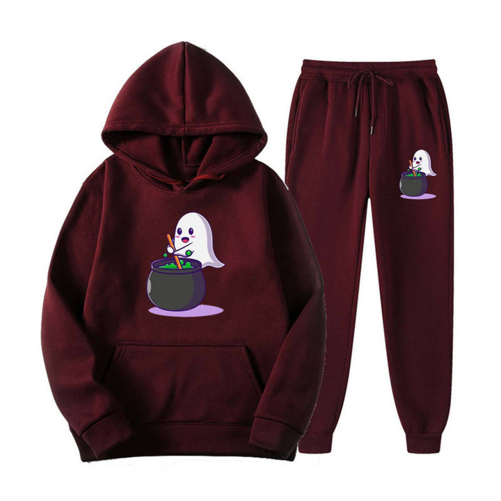 Unisex nan kuscheliger Kapuzenpullover und Jogginghose Set mit Halloween-Geistprint Echo Archiv