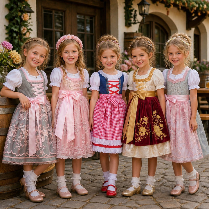 Damen nan traditionelles Kinderdirndl mit bestickter Schürze und Rüschenbluse Echo Archiv