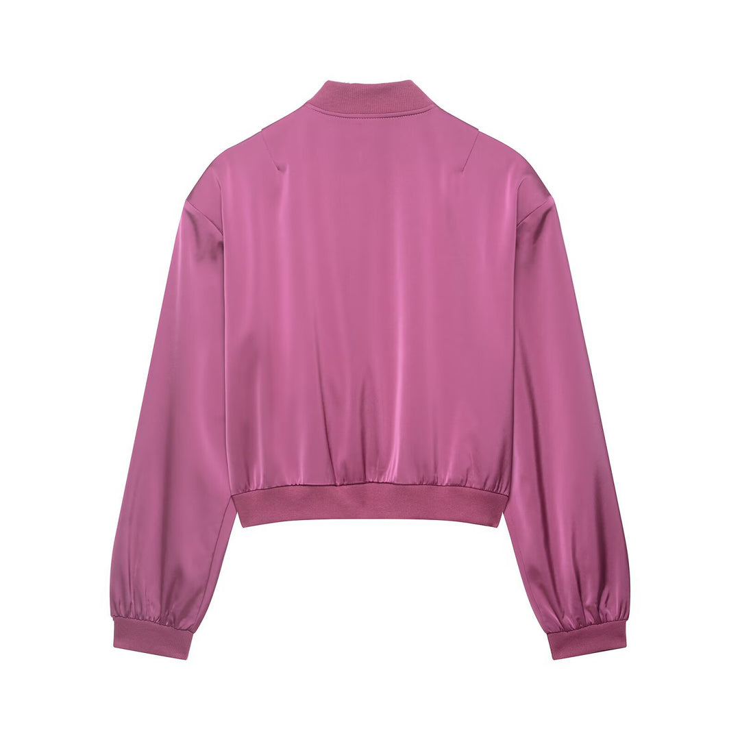 Damen Kurz geschnittene Satin-Bomberjacke mit Rippbündchen und Druckknopf-Taschen Echo Archiv