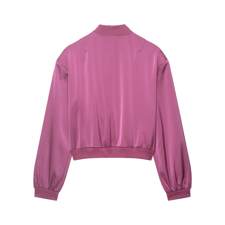 Damen Kurz geschnittene Satin-Bomberjacke mit Rippbündchen und Druckknopf-Taschen Echo Archiv