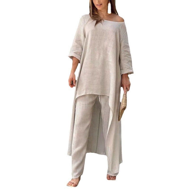 Damen Leichtes Leinen-Zweiteiler mit asymmetrischer High-Low-Tunika und weiter Palazzo-Hose Echo Archiv